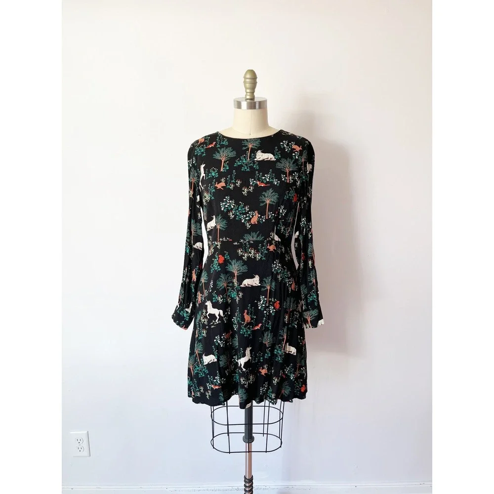 Modcloth Sugarhill Mini Dress Black Unicorn Woodland Print Long Sleeve Whimsical - Picture 2 of 9